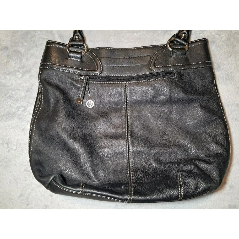 Sophia Caperelli Black Genuine Leather Purse Handbag Tote Stitching Pockets